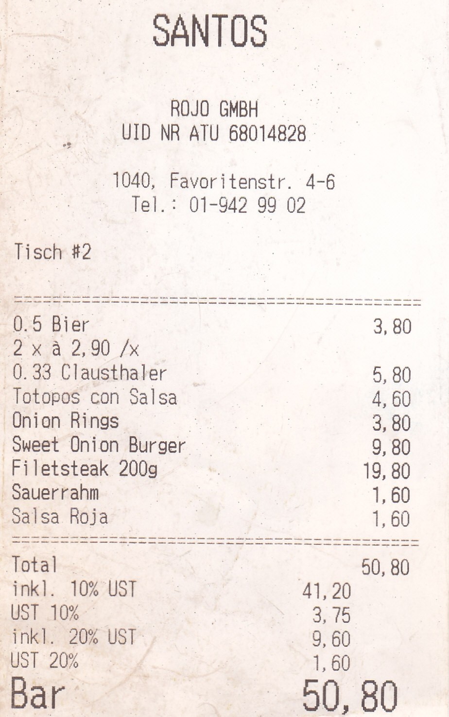 Santos 1040 - Rechnung - Santos Mexican Grill & Bar Wieden - Wien