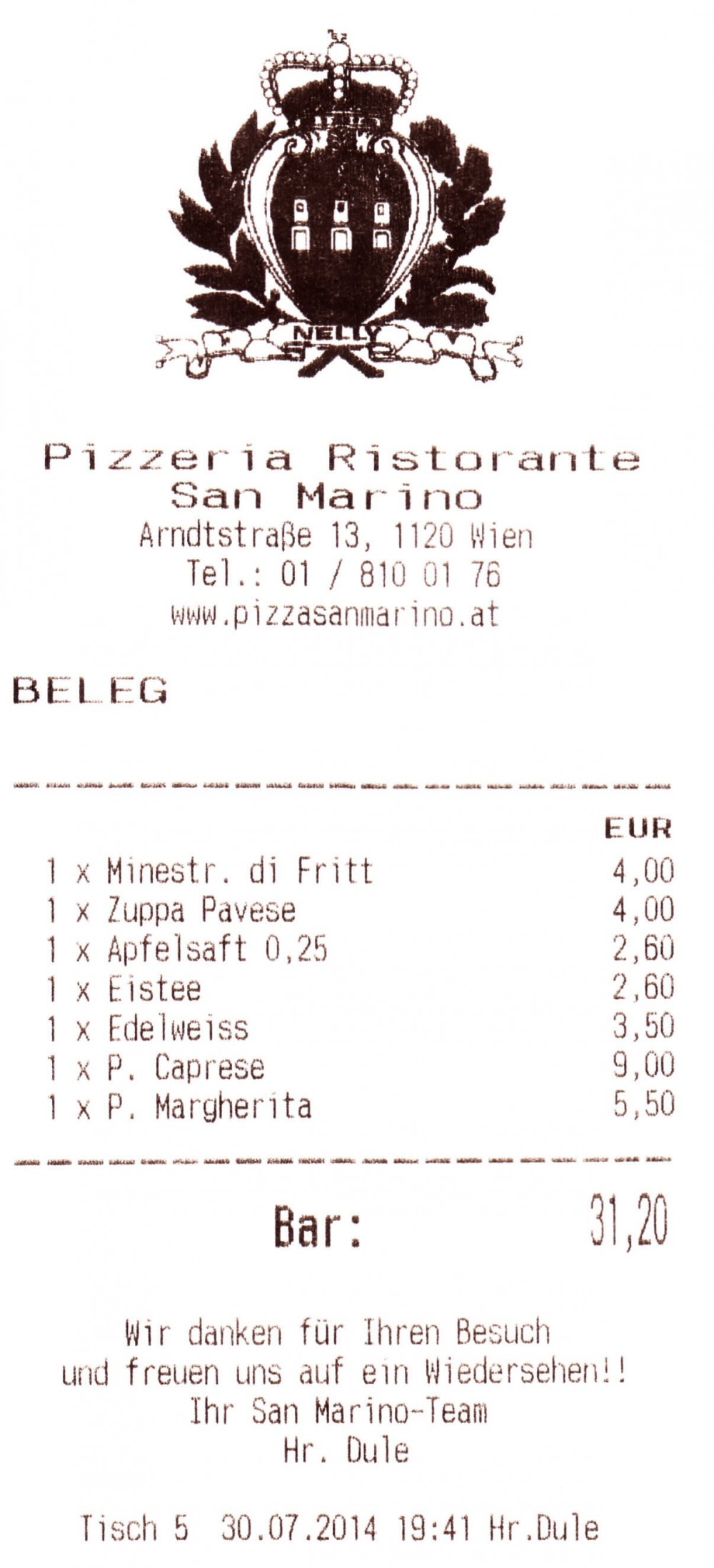 San Marino - Rechnung - Pizzeria Ristorante San Marino - Wien