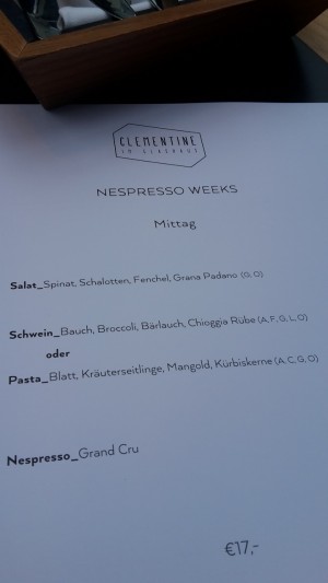 "Nespresso Weeks" Speisekarte für Mittagessen - Clementine im Glashaus - Wien