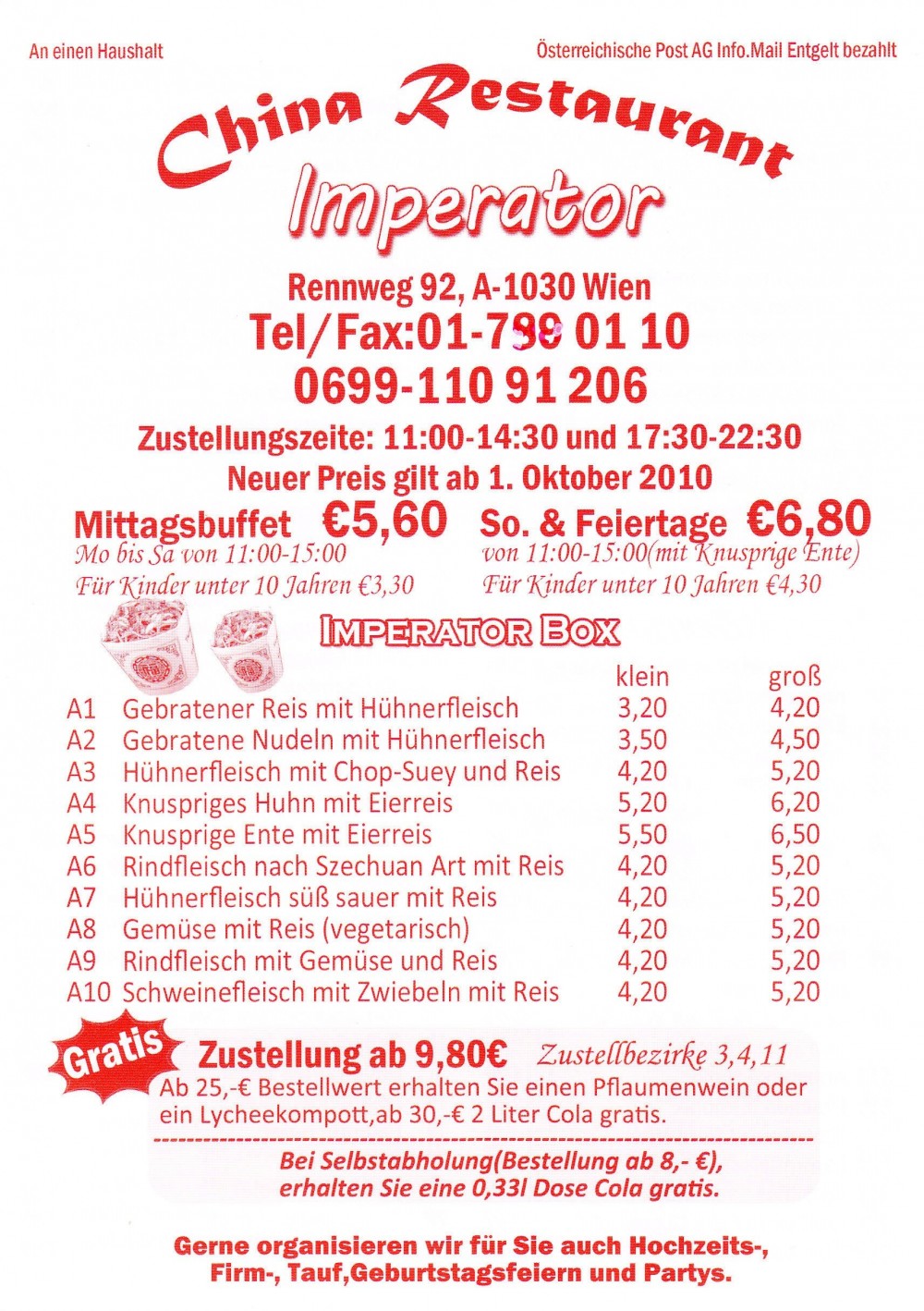 China Restaurant Imperator Flyer Seite 1 - China-Restaurant Imperator - Wien