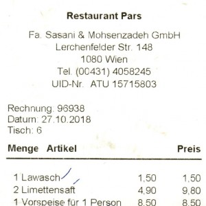 Restaurant Pars - Rechnung 2018-10-27 - Pars - Wien
