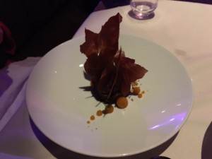 Kombination von dunkler Schokolade mit Pekannuss, Marillengel unter Kakaoblätter - Albertina Passage - Dinner Club - Wien