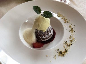 Schokoladen-Gugelhupf, Beerenröster, Vanilleeis