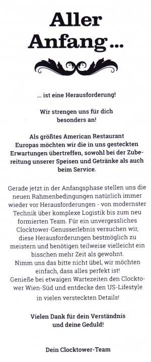 Clocktower - Kundeninfo - Clocktower American Bar & Grill - Wien-Süd - Brunn am Gebirge