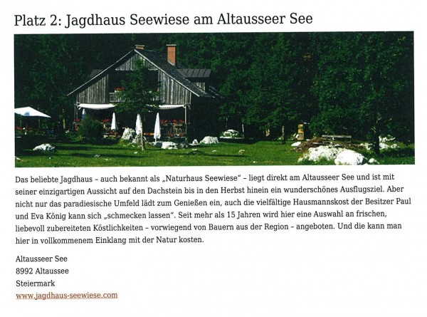 Die schönsten Wirtshäuser am Wasser - Platz 2 der Leserwahl der Zeitschrift ... - Jagdhaus Seewiese - Altaussee