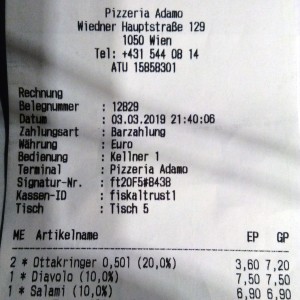 Pizzeria Adamo - Rechnung 2019-03-03