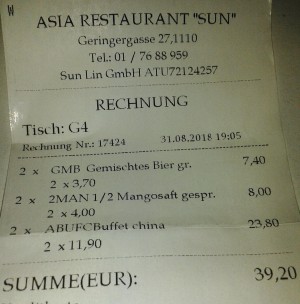 Rechnung - Asia Sun - Asia-Restaurant Sun - Wien