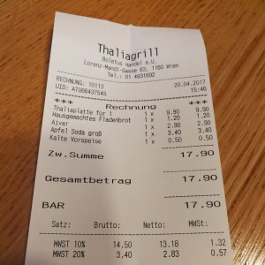 Rechnung - Restaurant Thaliagrill - Wien