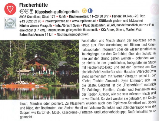 Quelle: Wirtshausführer 2016 - Fischerhütte am Toplitzsee - Gößl
