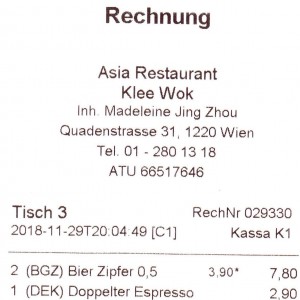 Klee Wok - Rechnung