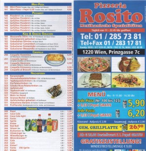 Speisekarte - Pizzeria Rosito - Wien