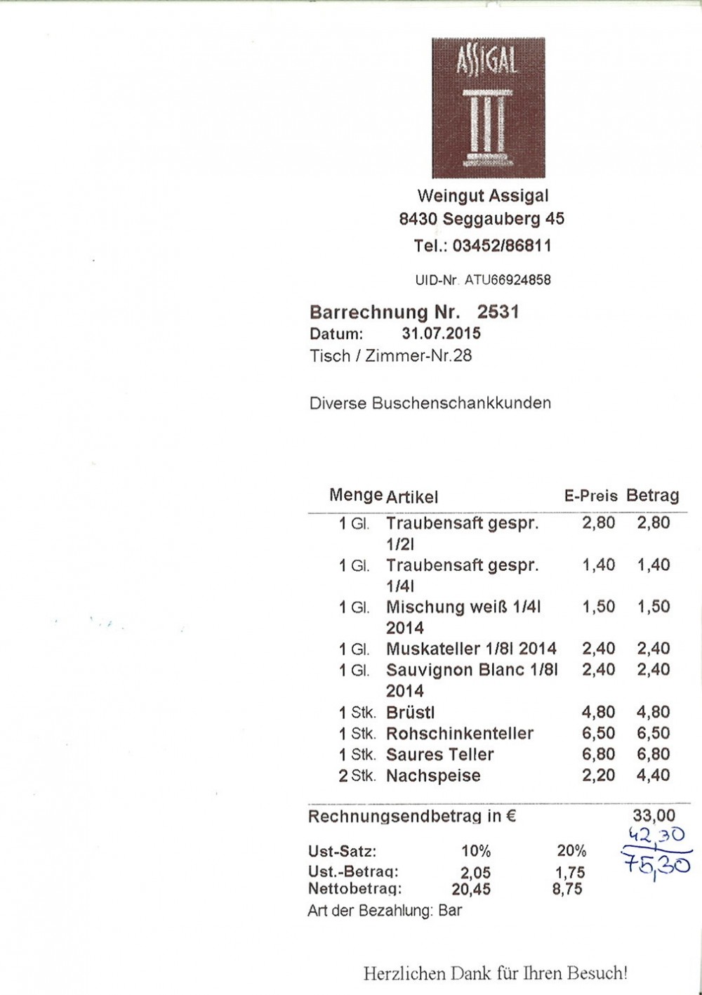 Rechnung - Weingut Buschenschank Assigal - Leibnitz