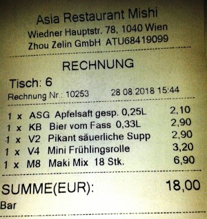 Mishi - Rechnung - Mishi Asia Restaurant - Wien