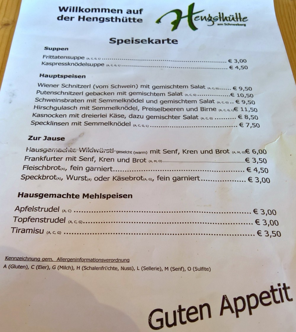 Die Speisekarte weist schon einige Gebrauchsspuren auf :-) - Hengsthütte - Puchberg / Schneeberg