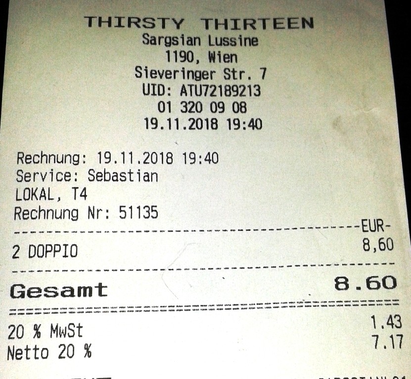 Thirsty Thirteen - Rechnung - Thirsty Thirteen - Wien