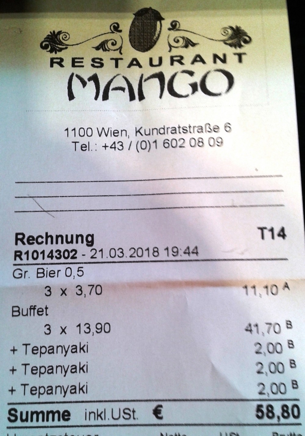 Restaurant Mango 1100 Wien - Rechnung - Mango - Wien
