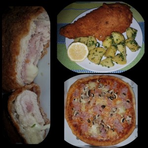 Cordon Bleu von der Pute mit Petersilienkartoffel und Pizza Toscana. Diesmal nicht so gut. ...