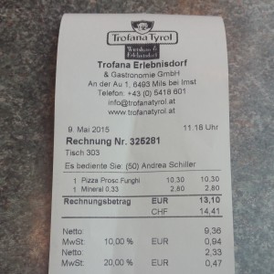 Rechnung - Paznauner Stube - Trofana Tyrol - Mils bei Imst