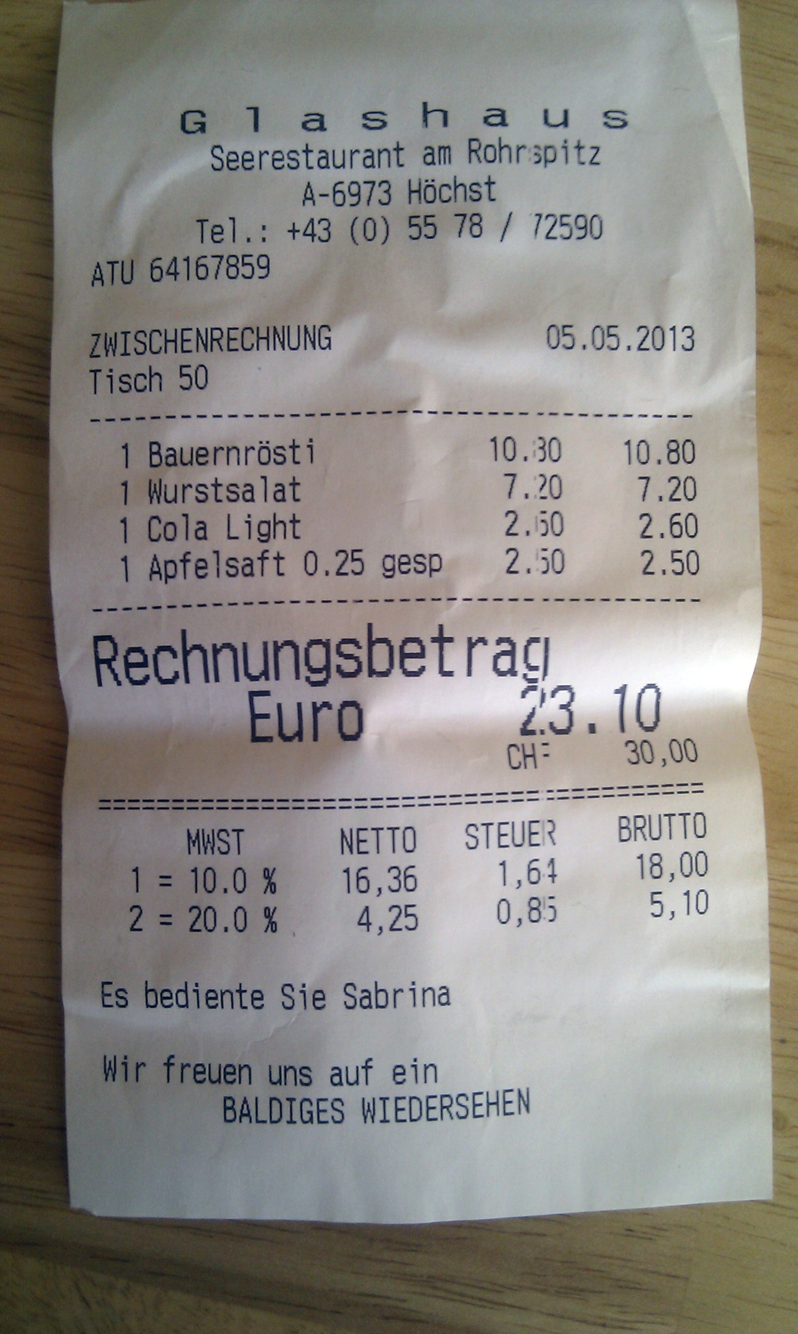 Die Rechnung. - Seerestaurant Glashaus - Höchst