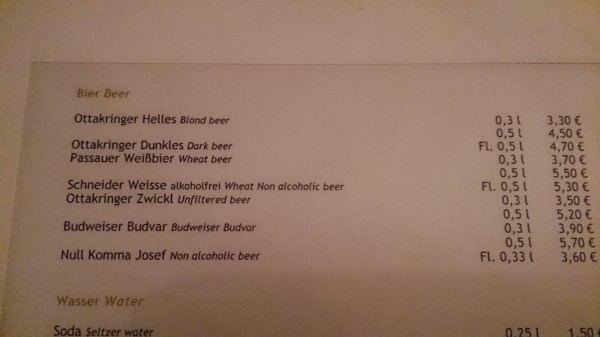 Preisliste Bier - Heuriger Am Belvedere - Wien