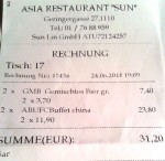 Asia Restaurant Sun 1110 - Rechnung - Asia-Restaurant Sun - Wien