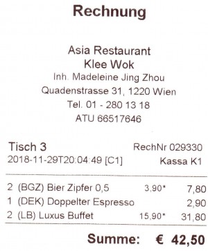 Klee Wok - Rechnung