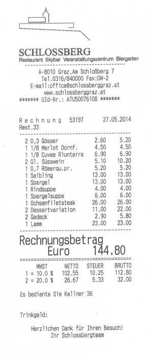 Schloßbergrestaurant - Rechnung - Schlossbergrestaurant - Graz