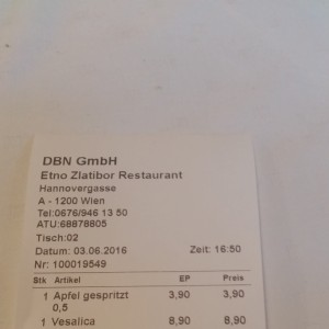Rechnung - Etno Zlatibor Restaurant Grill - Wien