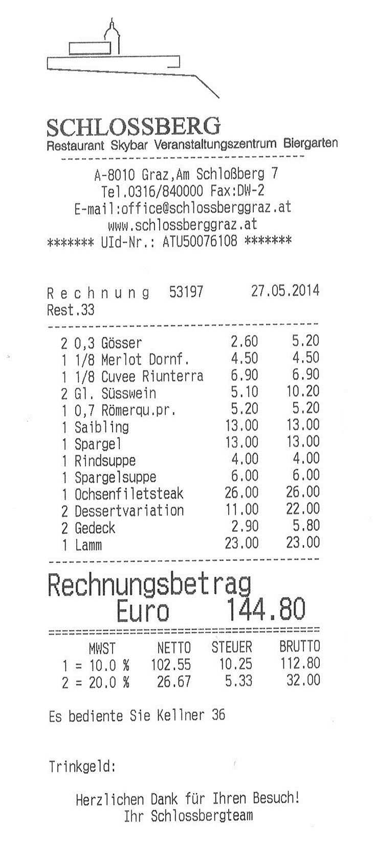 Schloßbergrestaurant - Rechnung - Schlossbergrestaurant - Graz