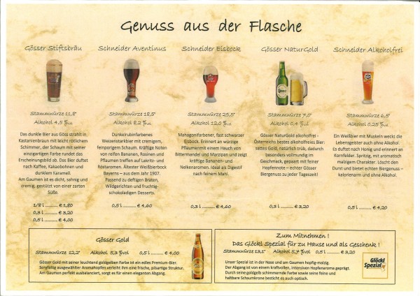 Bierkarte - Genuss aus der Flasche - Glöckl Bräu - Graz