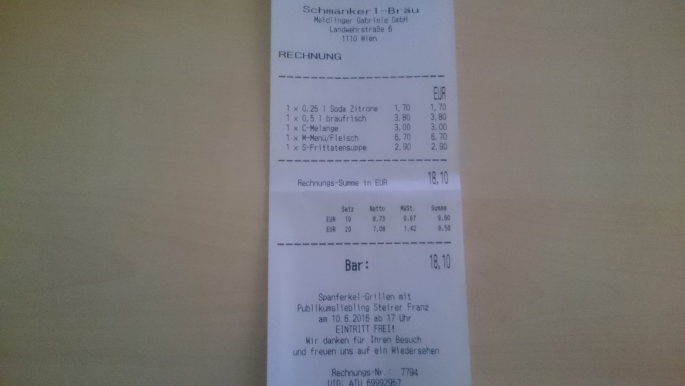 Rechnung - Schmankerl Bräu - Wien