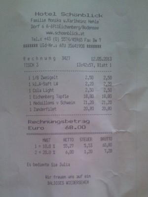 Die Rechnung. - Hotel Restaurant Schönblick - Eichenberg
