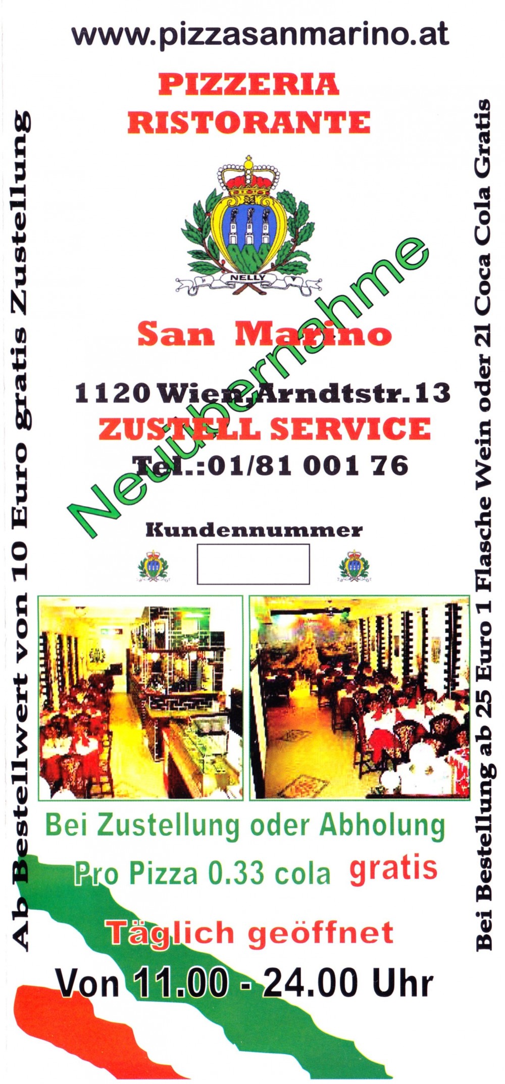 San Marino - Flyer Seite 01 - Pizzeria Ristorante San Marino - Wien