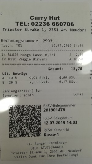 Rechnung - Curry Hut - Wr. Neudorf