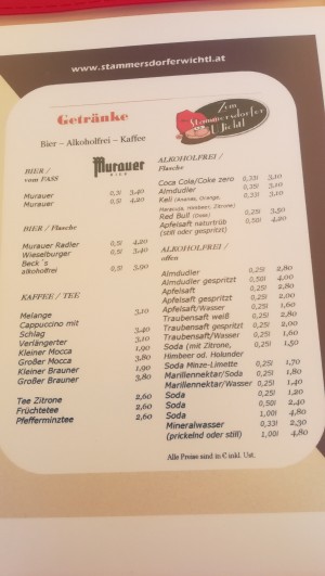 Speise-/Getränkekarte - Zum Stammersdorfer Wichtl - Wien
