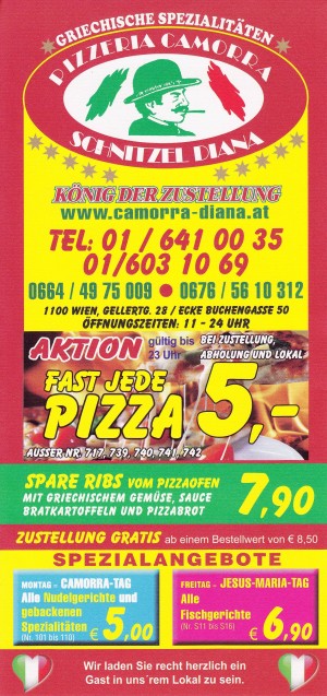Camorra Flyer Seite 1 - Pizzeria Camorra - Schnitzel Diana - Wien