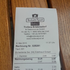 Rechnung(Espresso) - Paznauner Stube - Trofana Tyrol - Mils bei Imst