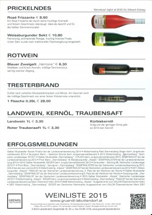 Weinliste 2015 - Weingut Buschenschank Gründl - Labuttendorf