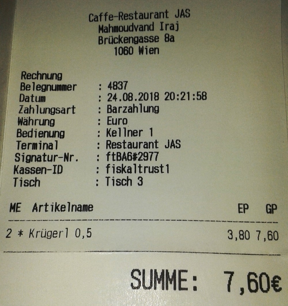 Persisches Restaurant JAS - Rechnung - Jas - Wien