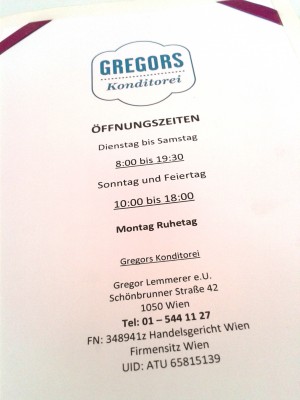 Gregors - Öffnungszeiten - Gregors Konditorei - Wien