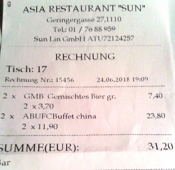 Asia Restaurant Sun 1110 - Rechnung - Asia-Restaurant Sun - Wien