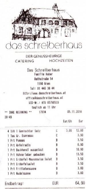Das Schreiberhaus - Rechnung - Das Schreiberhaus - Wien