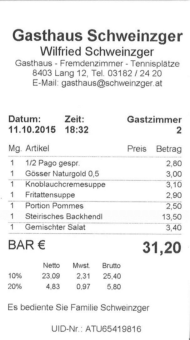 Rechnung - Gasthaus Schweinzger - Lang