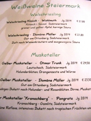 Auszug aus Getränkekarte  Weißweine Steiermark - Fischerwirt - Gratwein