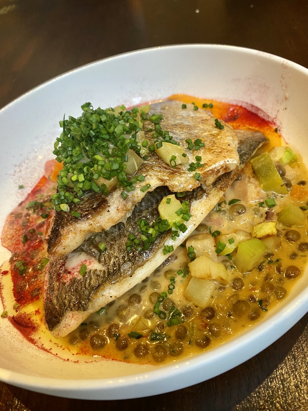 Goldbrassenfilet mit Linsengemüse … Vorweg Selleriecremesuppe zusammen ...