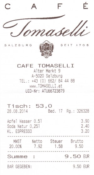 Café Tomaselli Salzburg - Rechnung