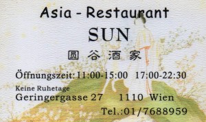 Asia Restaurant Sun 1110 - Visitenkarte