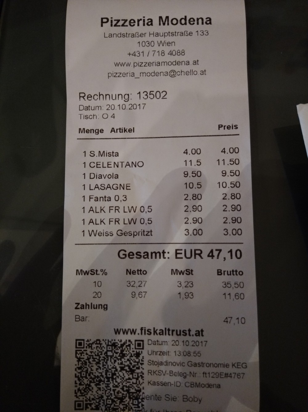 Rechnung - Pizzeria Modena - Wien