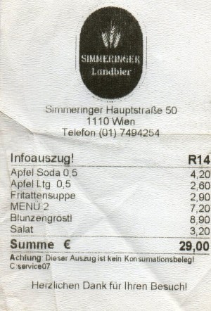 Simmeringer Landbier - Rechnung - Simmeringer Landbier - Wien