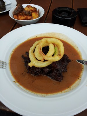24hr Braise Steak, Onion Rings, Pepper Sauce and Home-Made Chips